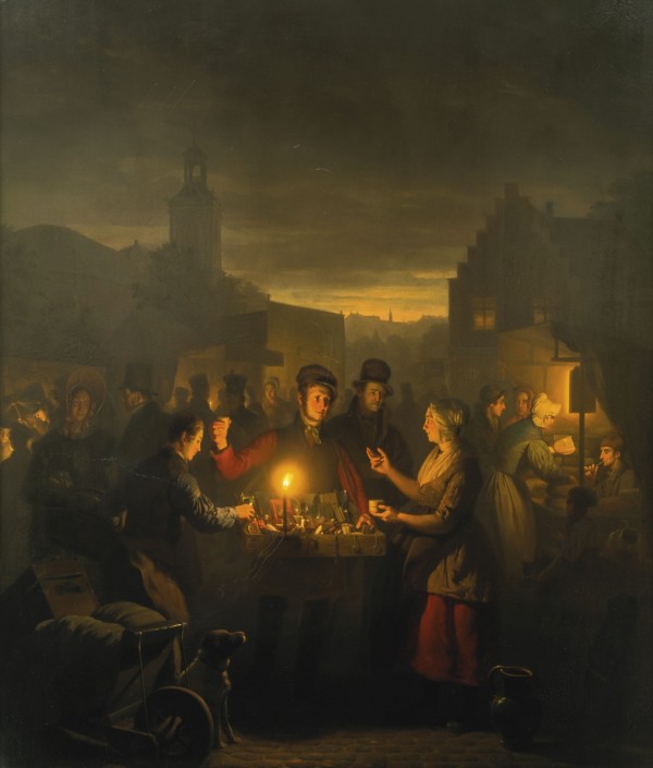 Figures chatting in the evening by Petrus van Schendel
